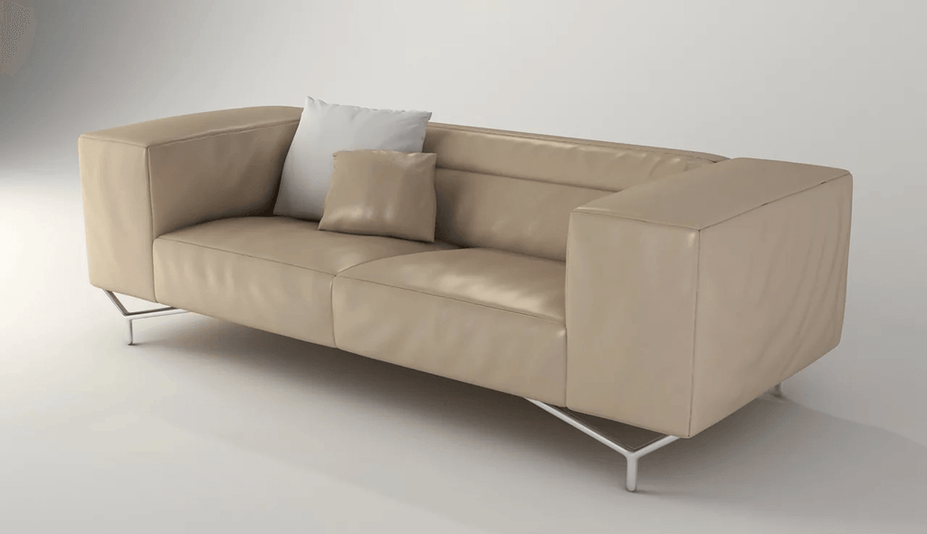 Rapallo Modern Sofa in beige leather with throw pillows and sleek metal legs