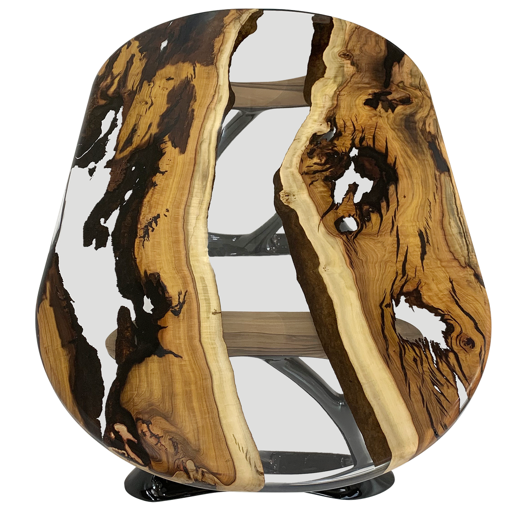 Pheraea Walnut Wood River Oval Dining Table with live-edge wood and clear resin accents