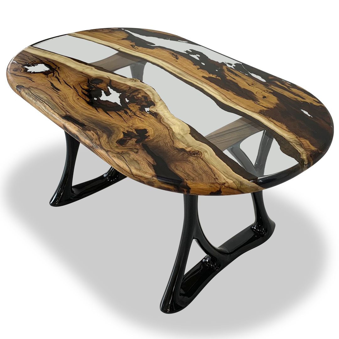 Pheraea Walnut Wood River Oval Dining Table with live edge walnut wood and resin top