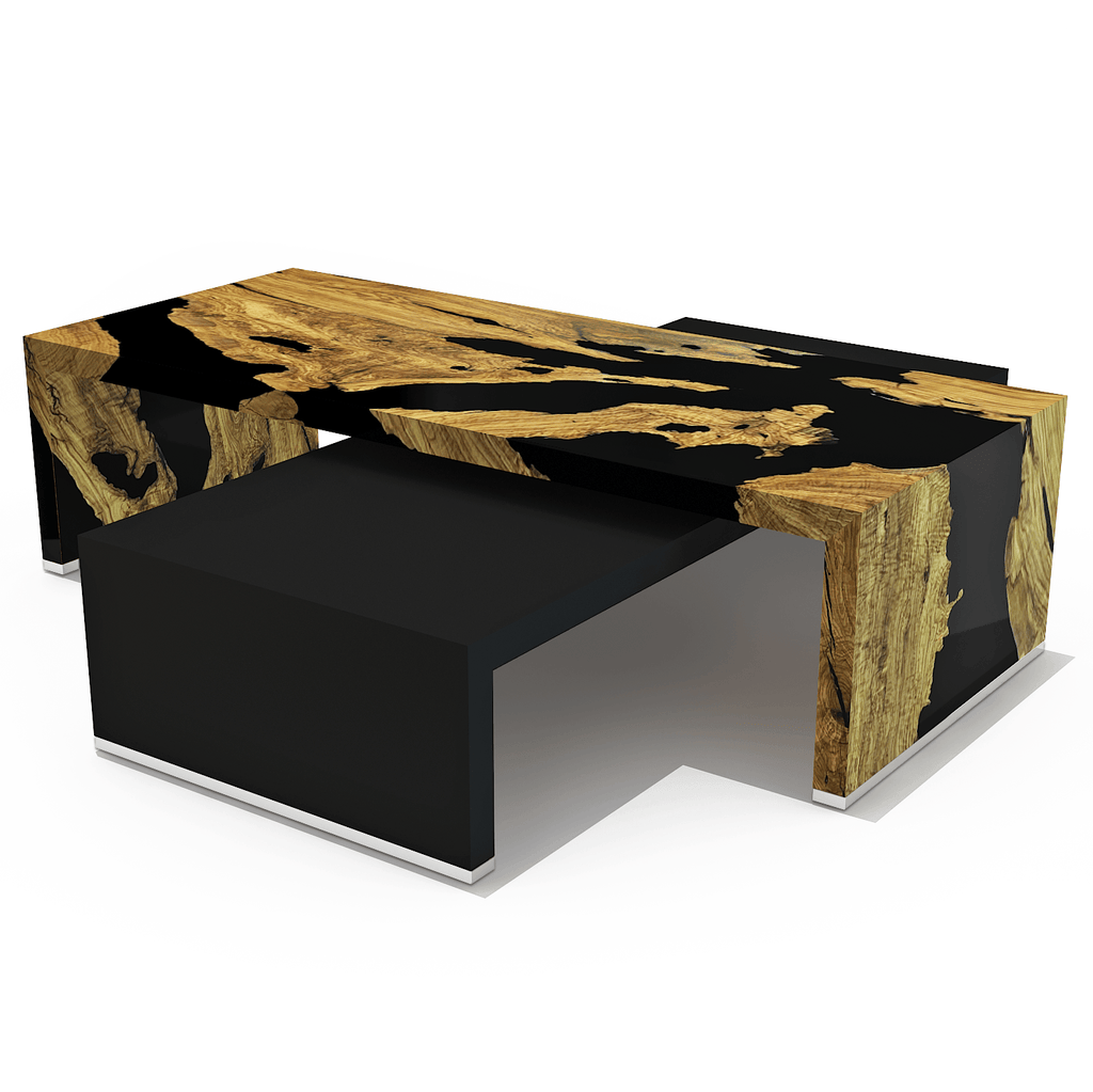 Rhesos Olive Wood Waterfall Coffee Table Set with black resin and natural wood slabs