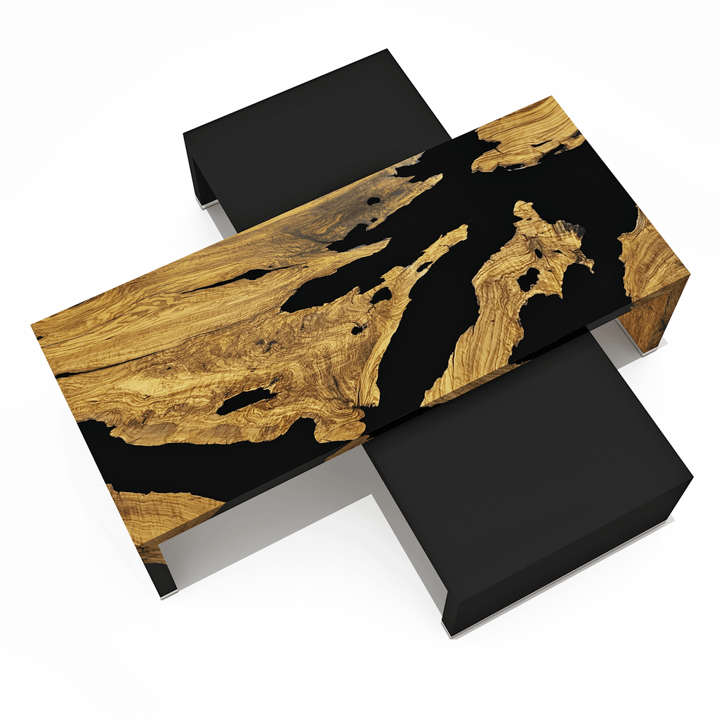 Rhesos Olive Wood Waterfall Coffee Table Set with black resin and natural live edge design