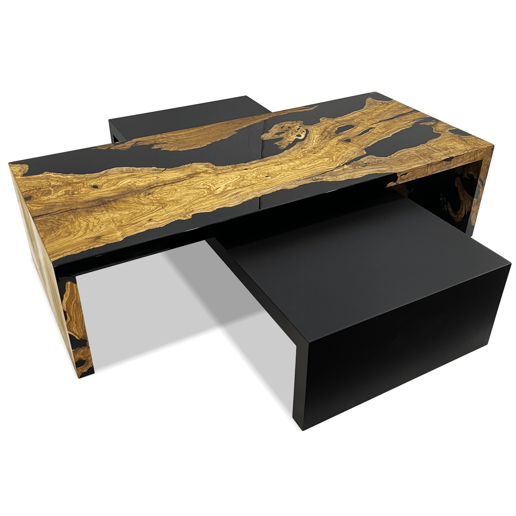 Rhesos Olive Wood Waterfall Coffee Table with black resin top and lower shelf