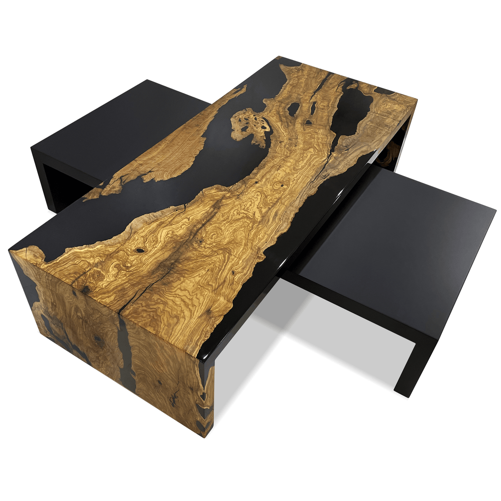 Modern Rhesos Olive Wood Waterfall Coffee Table Set with black units and natural wood center