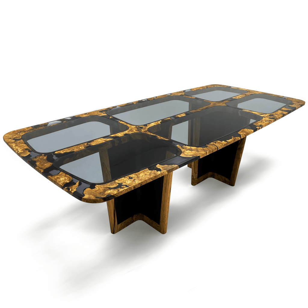 salamis dining table, olive wood table, resin table, battleship gray resin, light gray glass, contemporary dining table, luxury dining table,