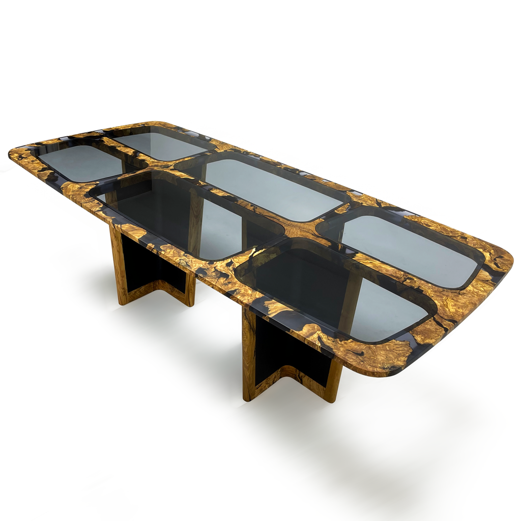 Salamis Dining Table with smoked medium gray smoked medium glass panels and black gold flaked top