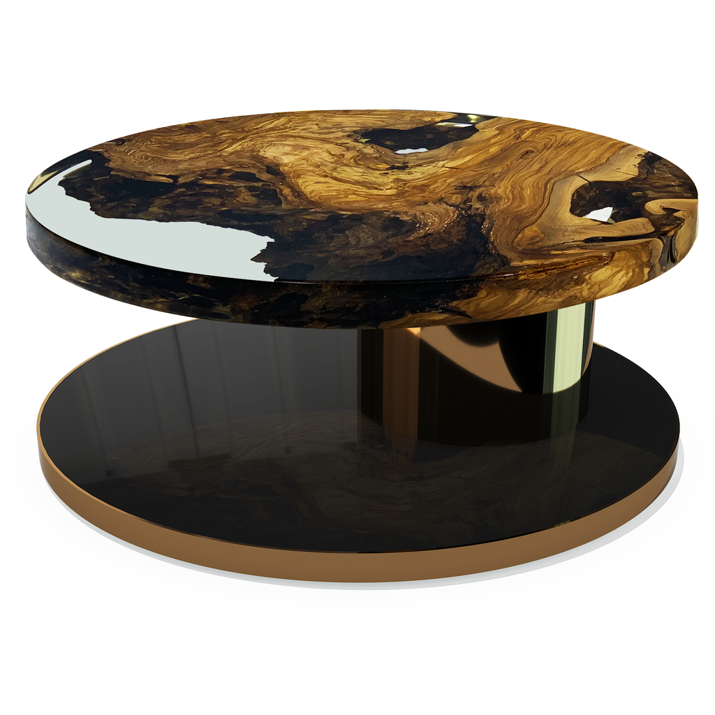 saron olive wood round coffee table, olive wood coffee table, resin coffee table, ghost white resin, bronze base, contemporary coffee table, luxury coffee table, home decor