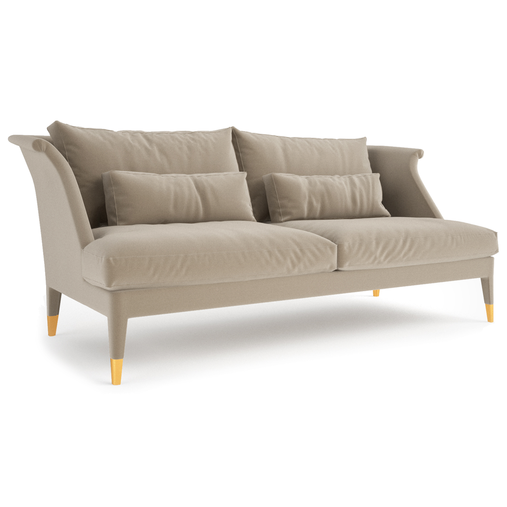 Senior Sofa two-seater with beige fabric upholstery, flared arms, and gold-capped legs