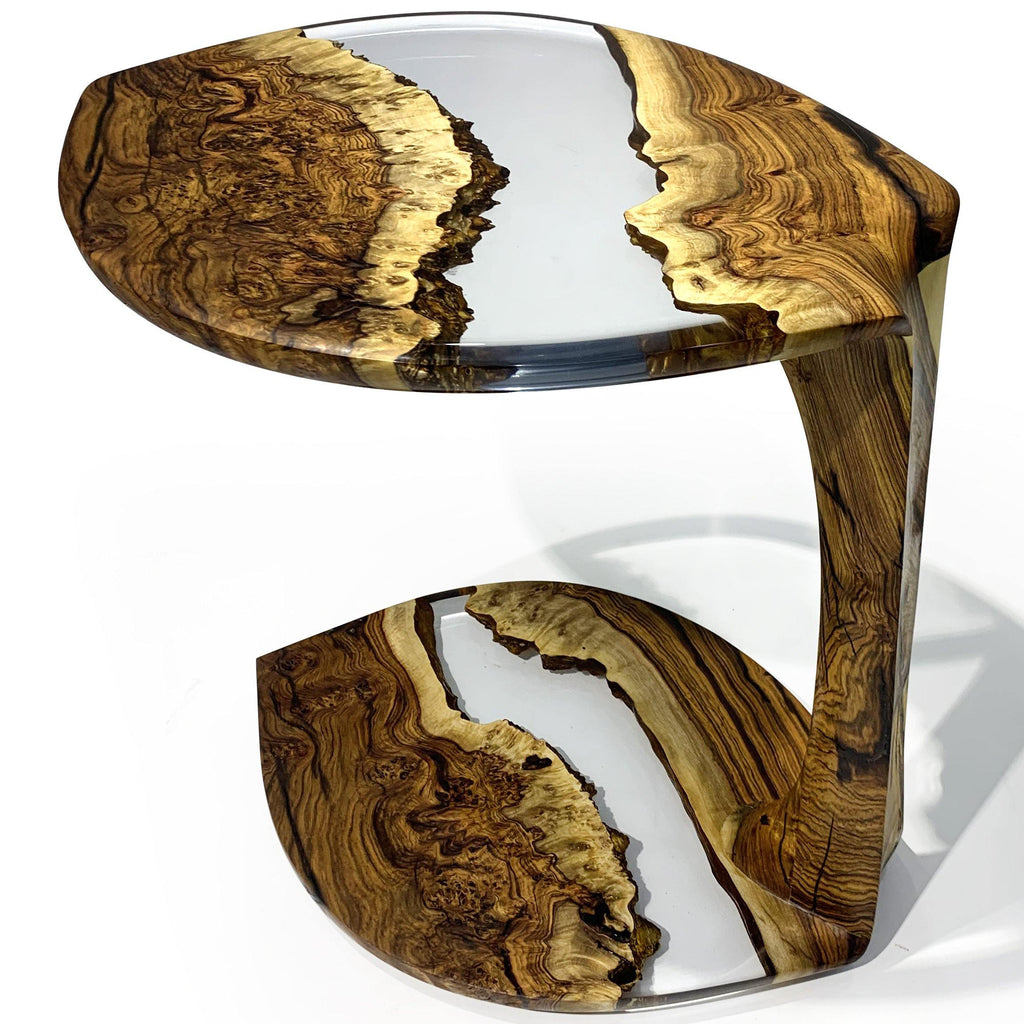 Serrate Leaf Side Table crafted from natural wood with distinctive grain and clear resin for luxury furniture and high-end interior design