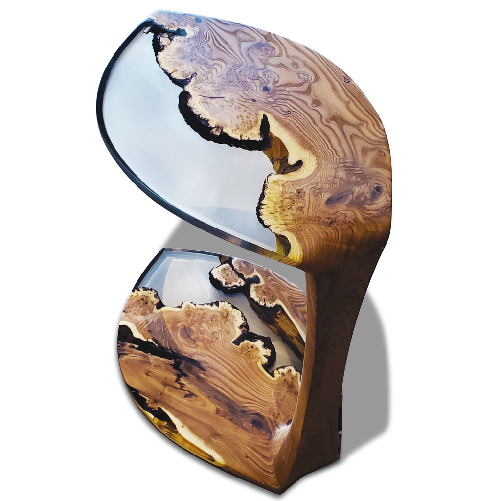 Serrate Leaf Side Table crafted from natural wood and clear resin for luxury furniture
