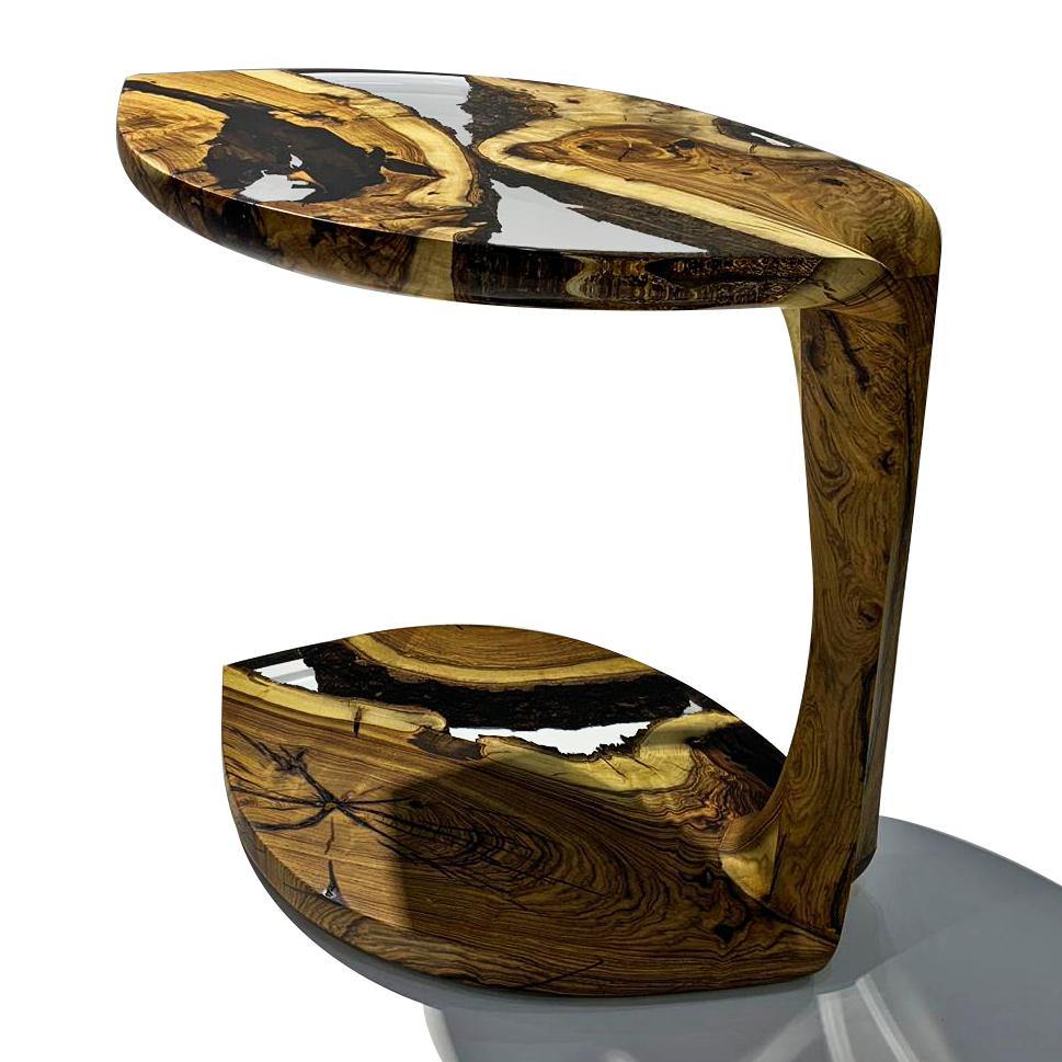Serrate Leaf Side Table in luxury furniture, handcrafted natural wood and resin design