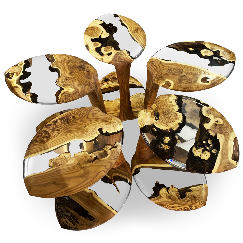 Serrate Leaf Side Table with unique wooden and clear resin tabletops for luxury furniture