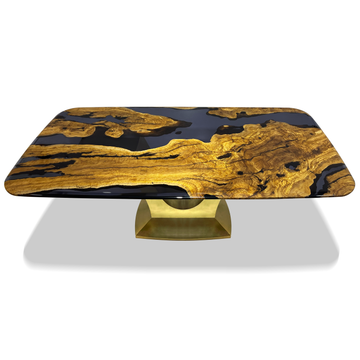 signature olive wood dining table, olive wood dining table, resin dining table, gun metal resin, brass base, contemporary dining table, luxury dining table, home decor