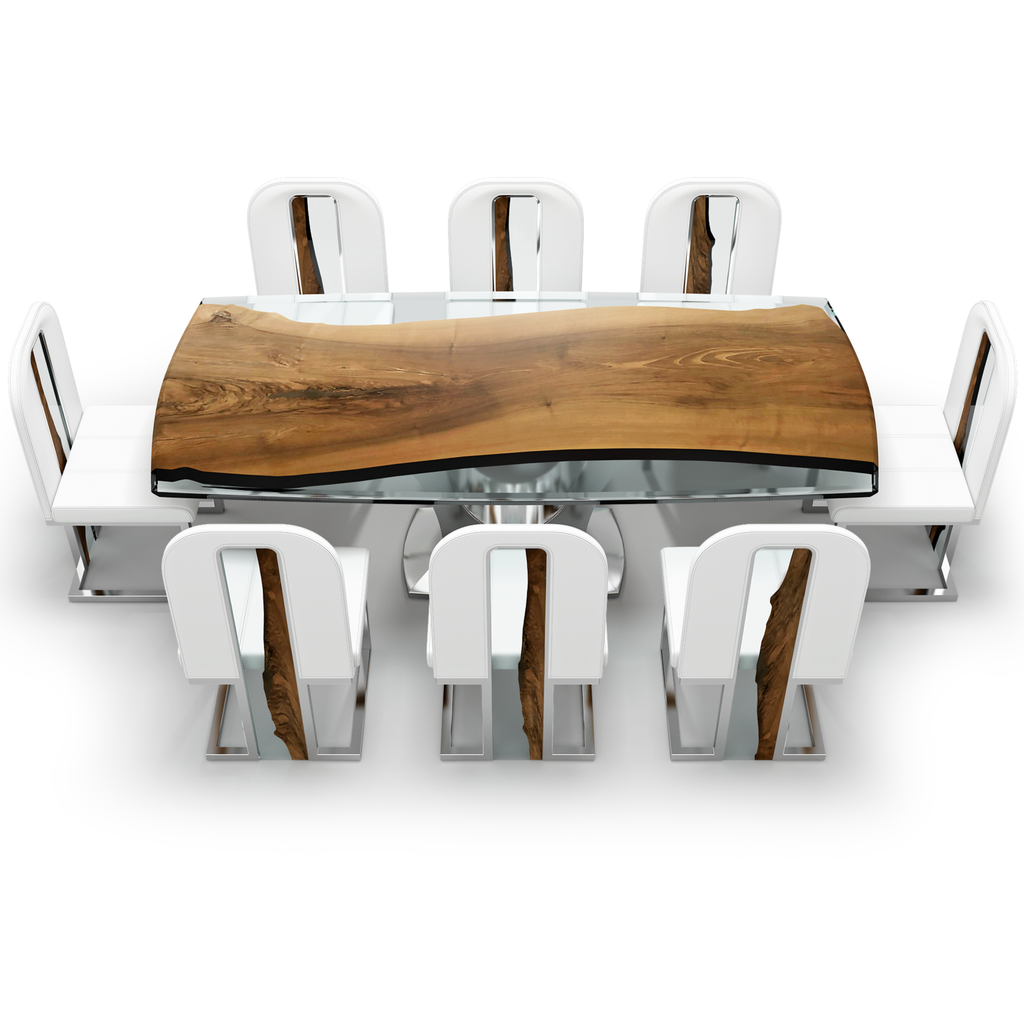 Signature Walnut Dining Table with live-edge wood top, glass inlay, and white chairs