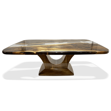signature walnut wood river dining table, walnut wood dining table, resin dining table, ghost white resin, wooden base, contemporary dining table, luxury dining table, home decor