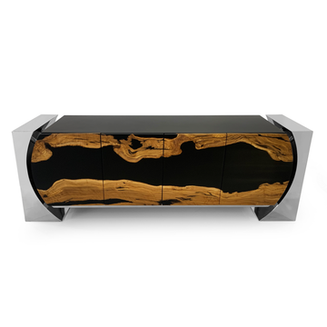 silver loire olive wood credenza, olive wood credenza, resin credenza, jet black resin, chrome base, contemporary credenza, luxury credenza, home decor