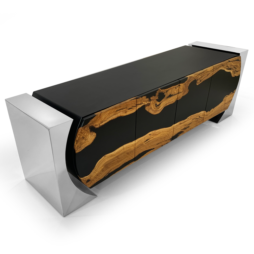 Silver Loire Olive Wood Credenza with black wood veneer and curved front design