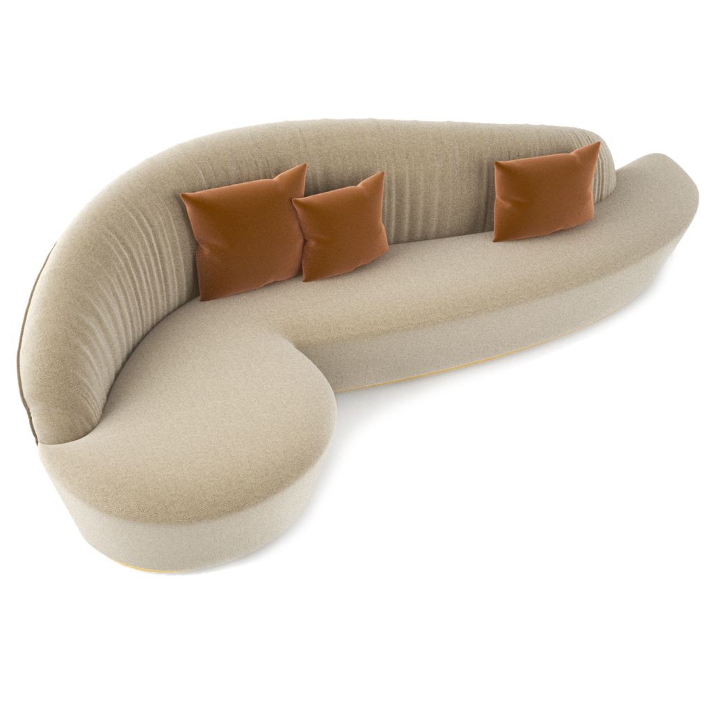 Sophia Sofa featuring a curved sectional with three rust-colored throw pillows