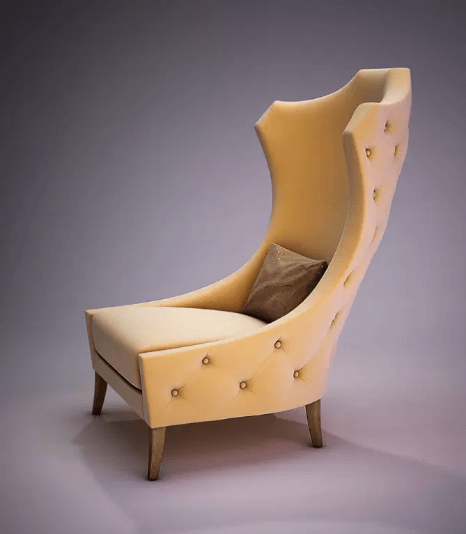 St. James Chair tall cream winged button-tufted armchair with small brown cushion