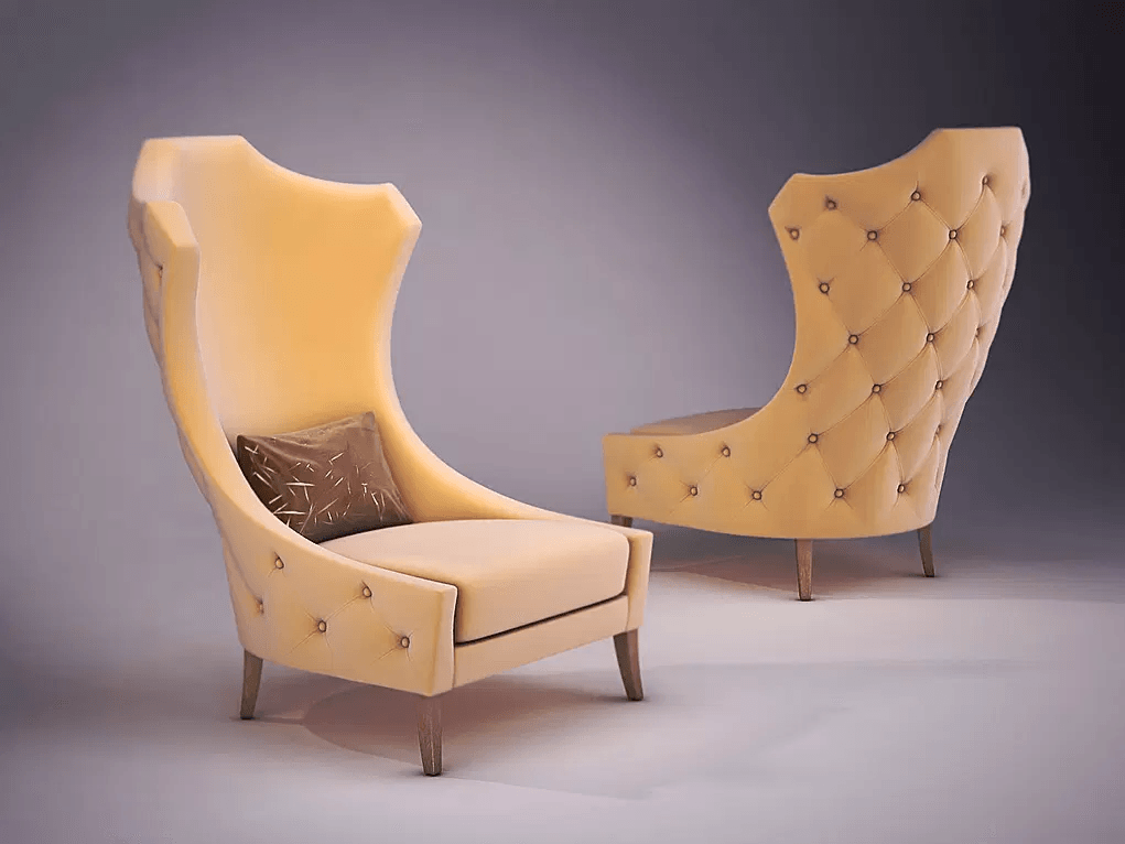 St James Chair with two light yellow wingback tufted chairs and studded details