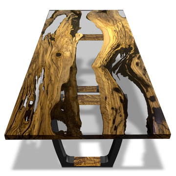 staphyle olive wood dining table, olive wood dining table, resin dining table, ghost white resin, black steel base, contemporary dining table, luxury dining table, home decor