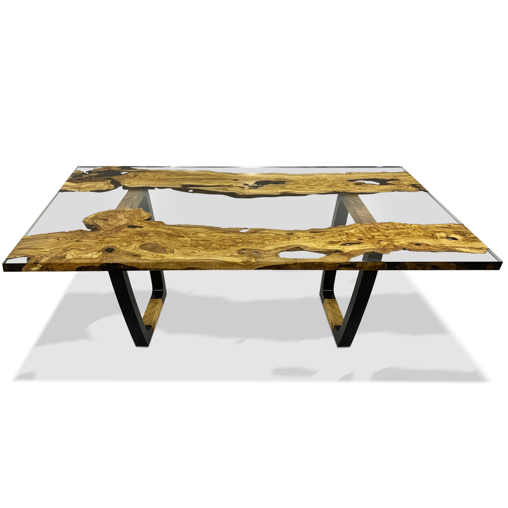 Staphyle Olive Wood Dining Table with resin top and dark metal legs for elegant olive wood dining