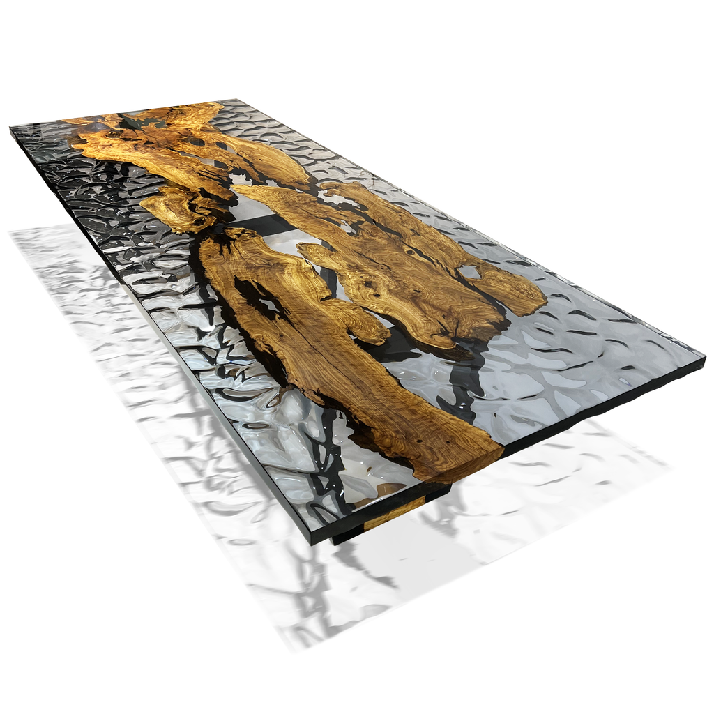 Staphyle Olive Wood Wavy Dining Table with clear resin top and natural wood embedded