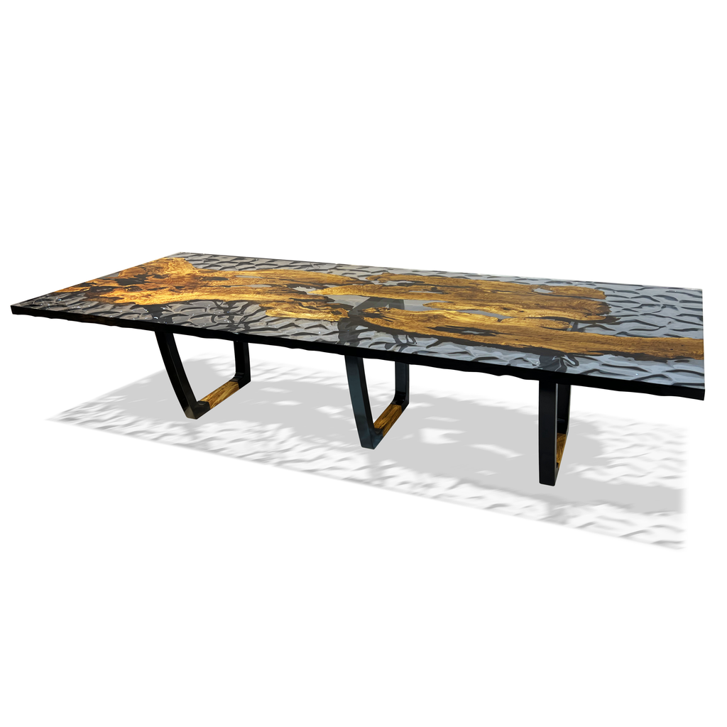 Staphyle Olive Wood Wavy Dining Table with black resin top and black metal legs
