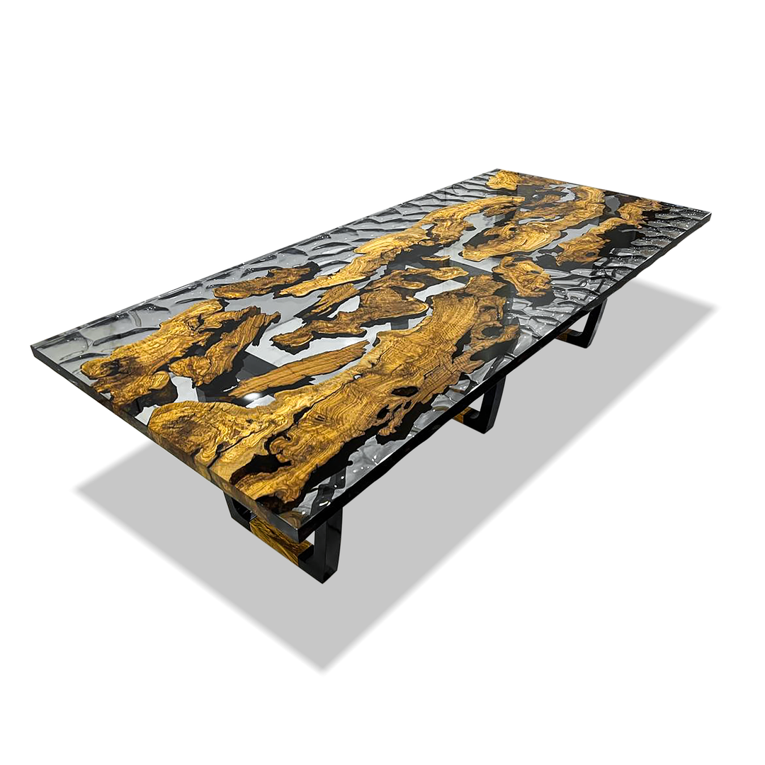 Staphyle Olive Wood Wavy Dining Table with live-edge wood and dark metal legs