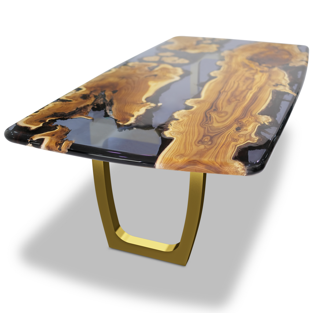 staphyle silverberry wood dining table, silverberry wood dining table, resin dining table, rose quartz resin, brass (PVD titanium coated) base, contemporary dining table, luxury dining table