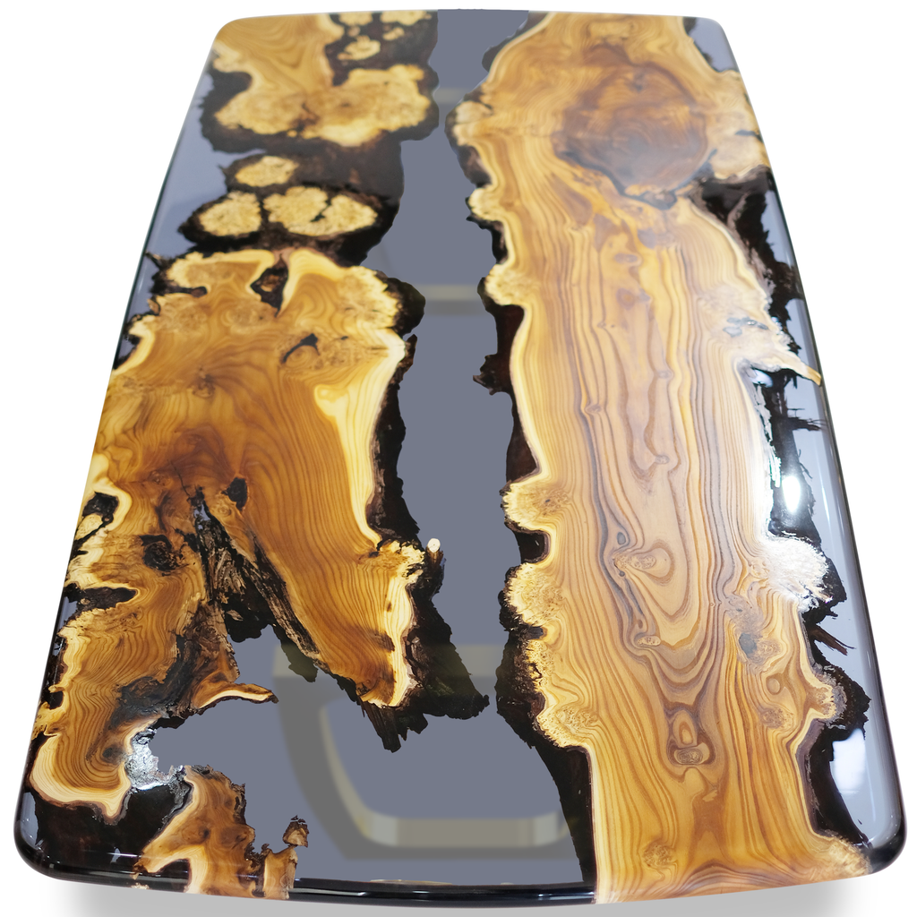 Staphyle Silverberry Wood Dining Table with dark grey epoxy river and polished live edges