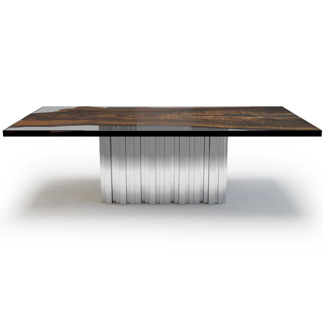 Stellio Walnut Wood Dining Table with dark patterned top and vertical metal slats