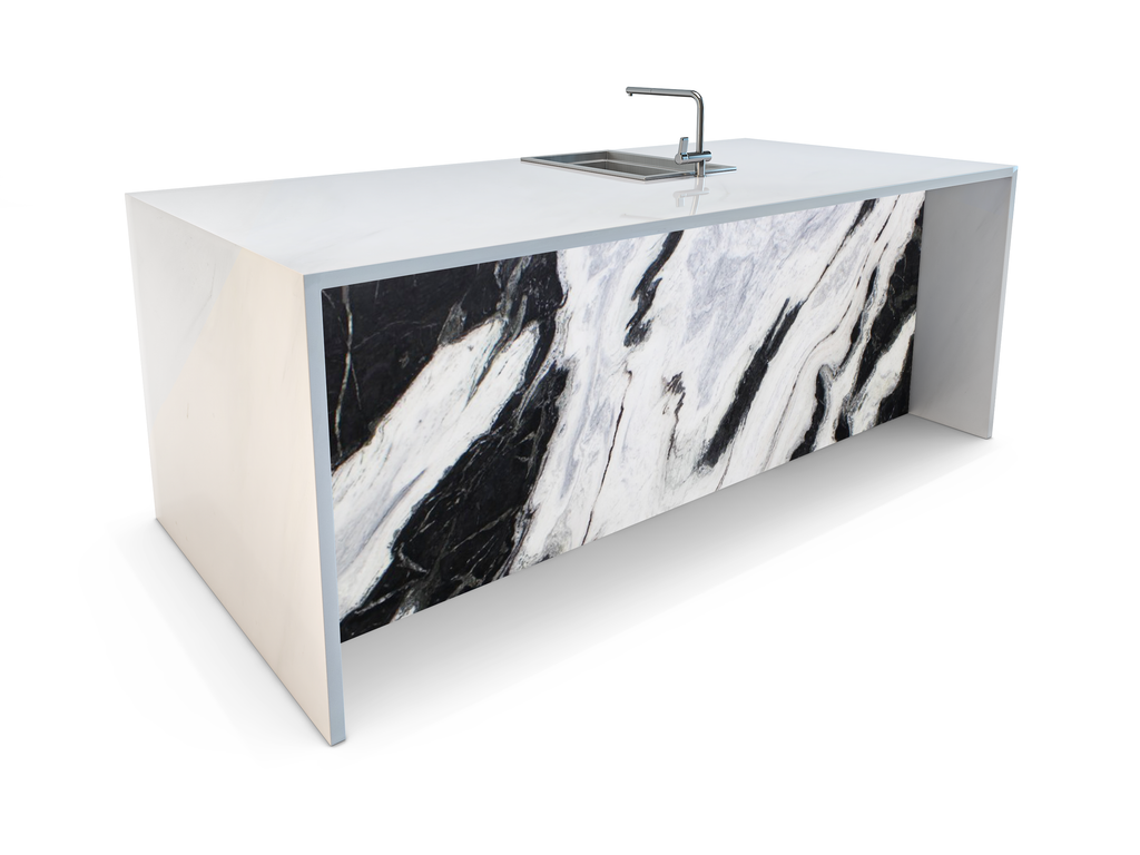 stone waterfall kitchen island, alaska white marble, polished edges, marble kitchen island, onyx kitchen island, resin kitchen island, semi-precious stone kitchen island, contemporary kitchen island, luxury kitchen island