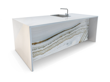 stone waterfall kitchen island, alaska white marble, polished edges, marble kitchen island, onyx kitchen island, resin kitchen island, semi-precious stone kitchen island, contemporary kitchen island, luxury kitchen island