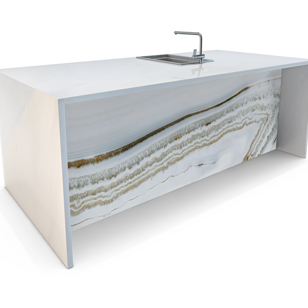 River Sky Porcelain Waterfall Kitchen Island