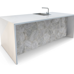 White Quartz Semi-Precious Stone Waterfall Kitchen Island