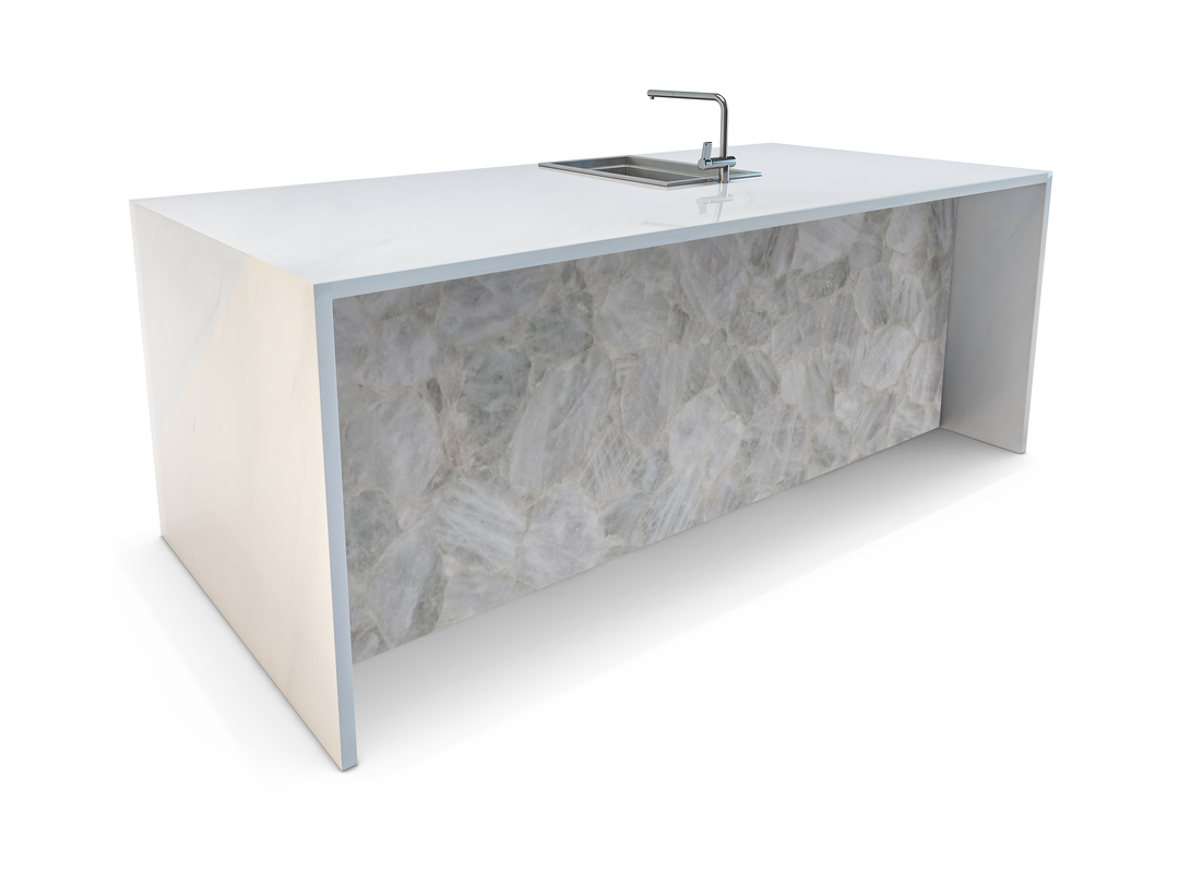 White Quartz Semi-Precious Stone Waterfall Kitchen Island - ARDITI