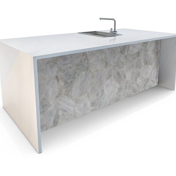 White Quartz Semi-Precious Stone Waterfall Kitchen Island