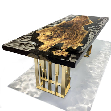 tiger olive wood dining table, olive wood dining table, resin dining table, bone resin, glossy resin finish, natural wood top, eased edge, olive wood, contemporary dining table, luxury dining table