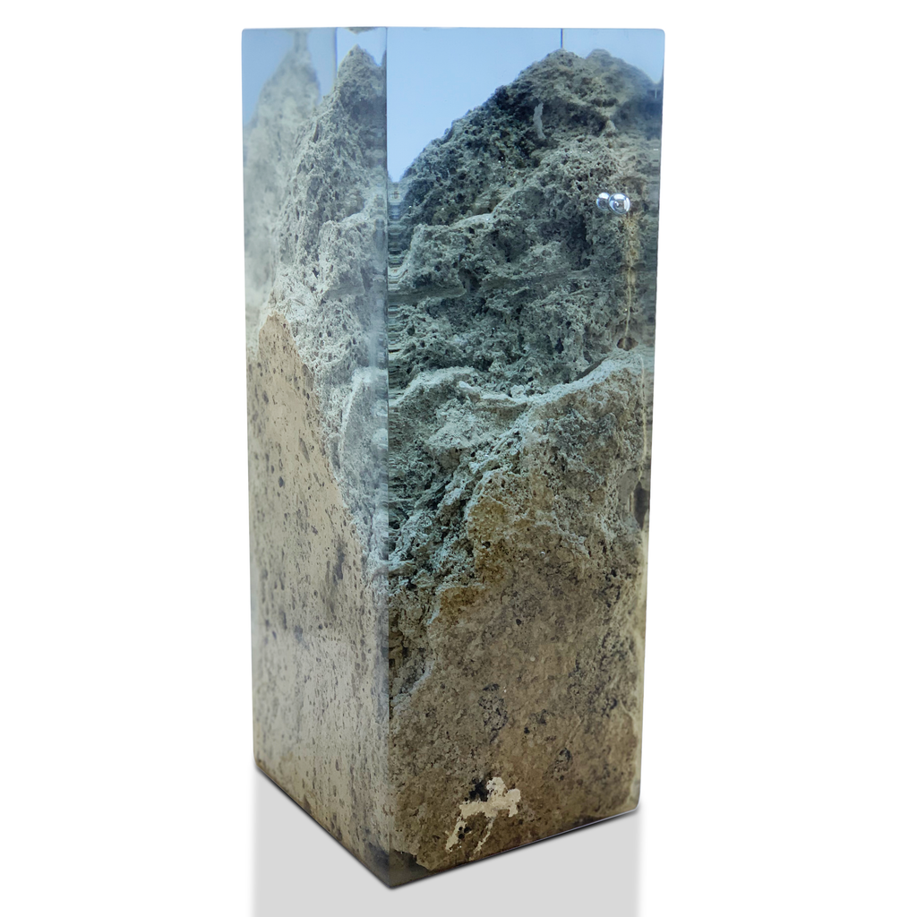 travertine rock decorative cube, maya blue resin, natural travertine base, ocean-inspired home decor, luxury home decor, durable home decor, long-lasting home decor