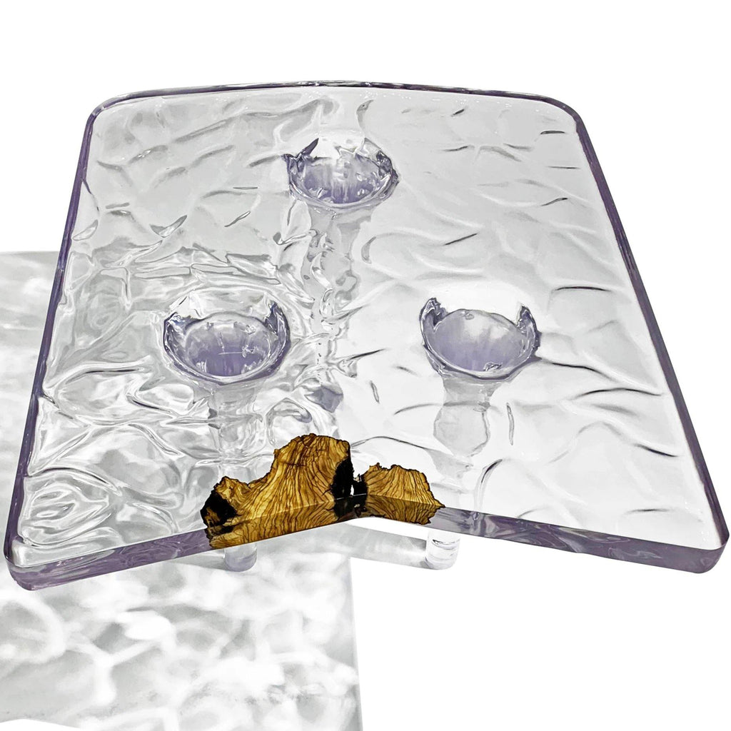 Tyro Olive Wood Wavy Coffee Table with textured glass tray and natural wood accents