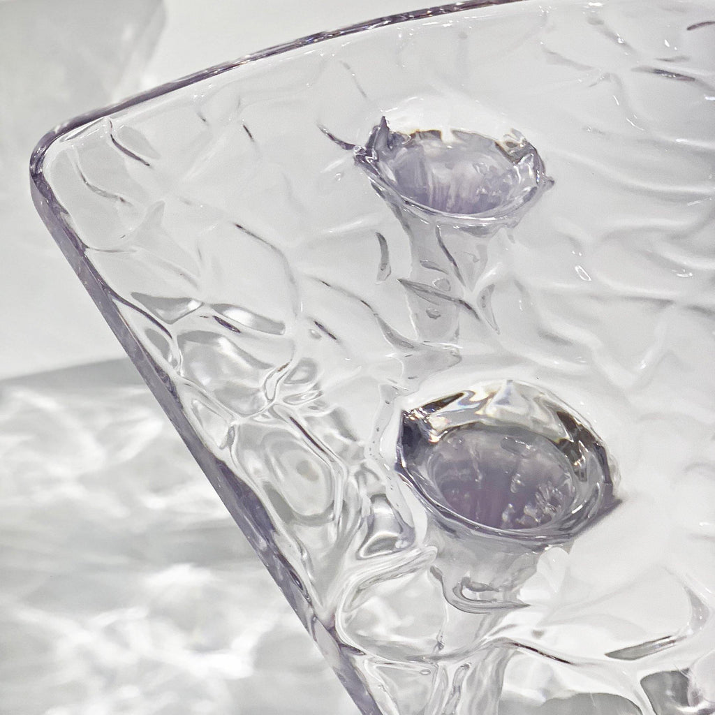 Olive wood wavy coffee table with clear textured rectangular glass serving tray