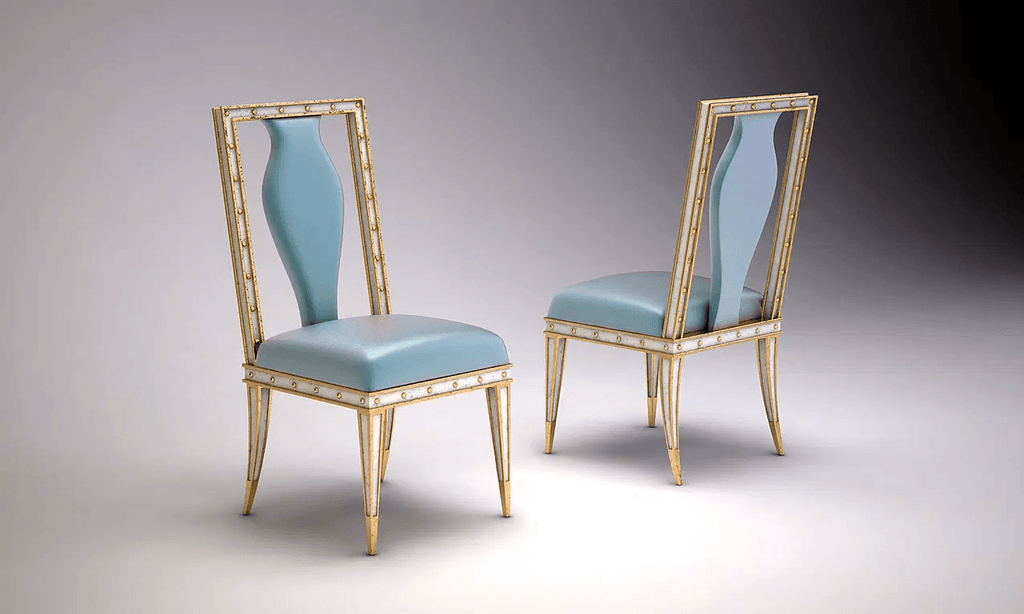 Vase Chair with two elegant light blue upholstered chairs and gold white frames