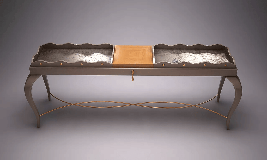 Veranda Console with curved legs, light wood center, and textured silver trays