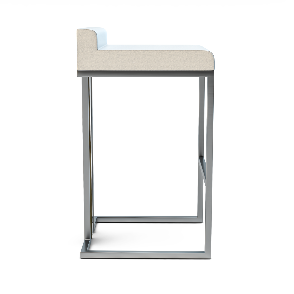 Beige upholstered Verona Counter Bar Stool with low backrest and silver metal frame