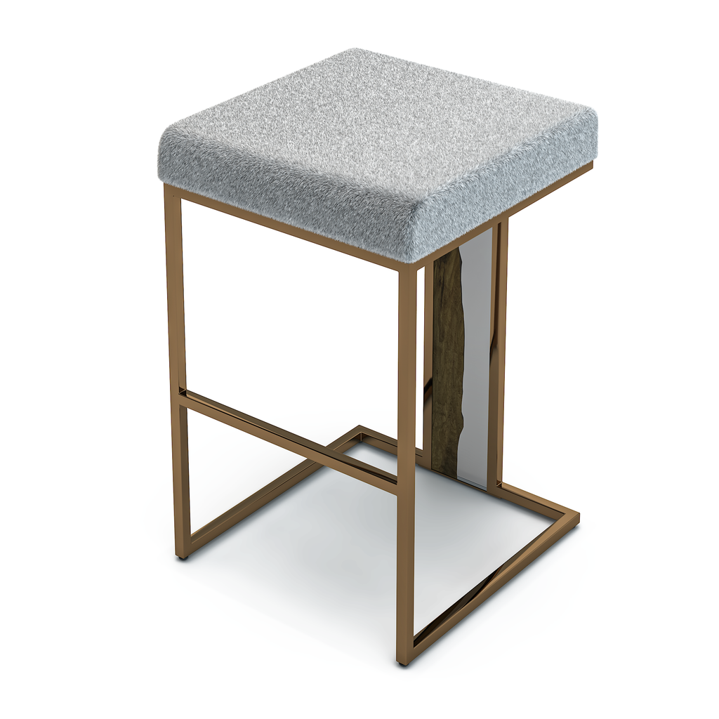 Verona Counter Bar Stool with light gray upholstery, bronze frame, and wooden mirrored accent