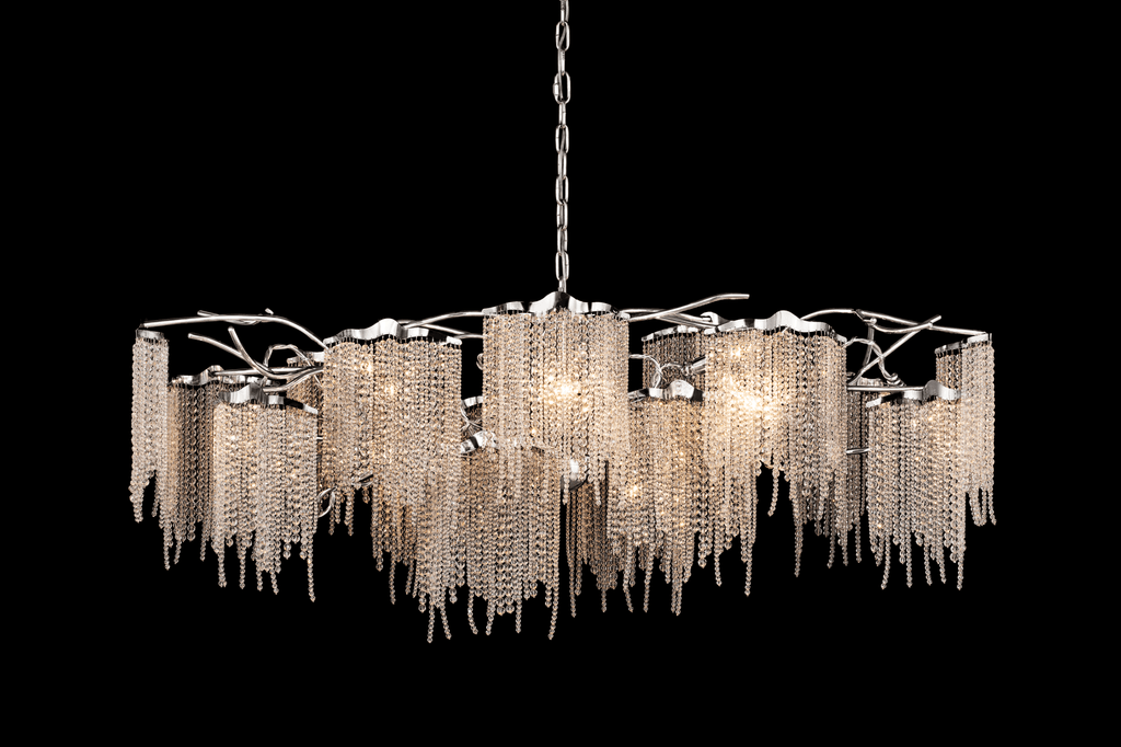 Victoria Chandelier Oval with multiple tiers of shimmering chain-like strands and branch frame
