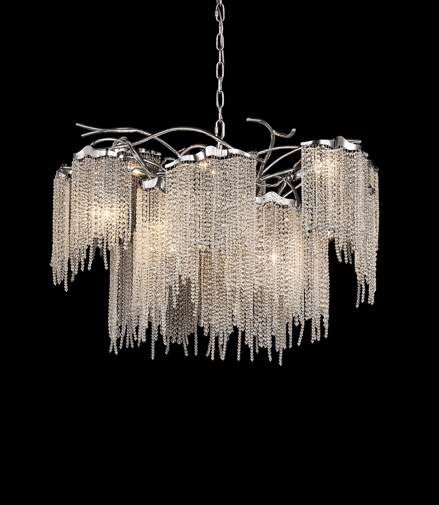 Victoria Chandelier Round with chrome finish and cascading crystal bead chains for elegant lighting