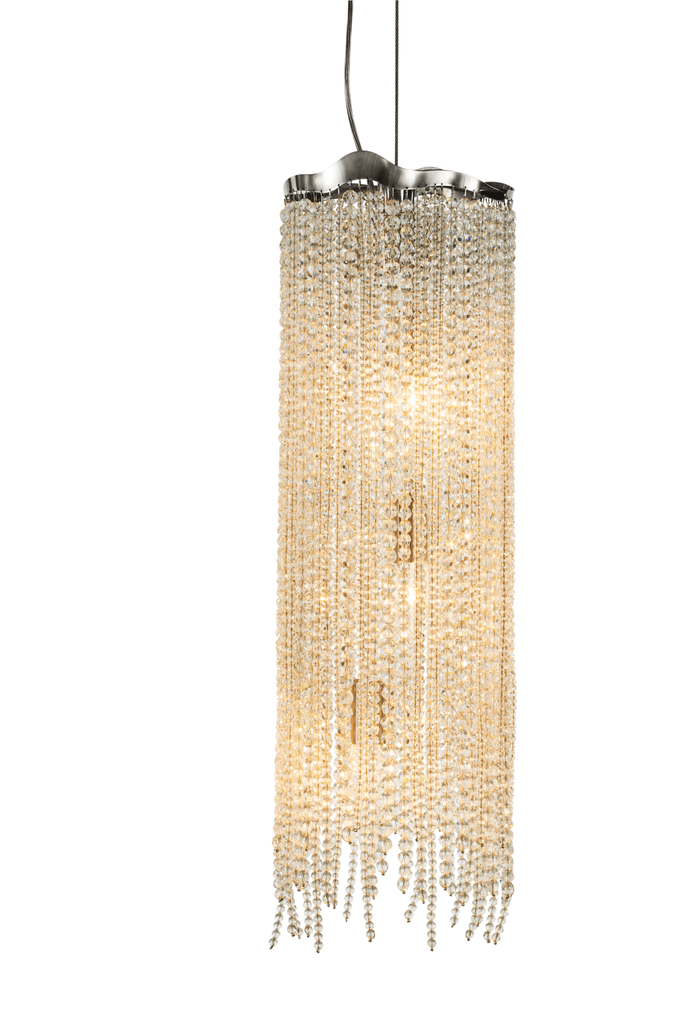 Victoria Hanging Lamp featuring a sparkling crystal beaded cylindrical pendant light with polished chrome top
