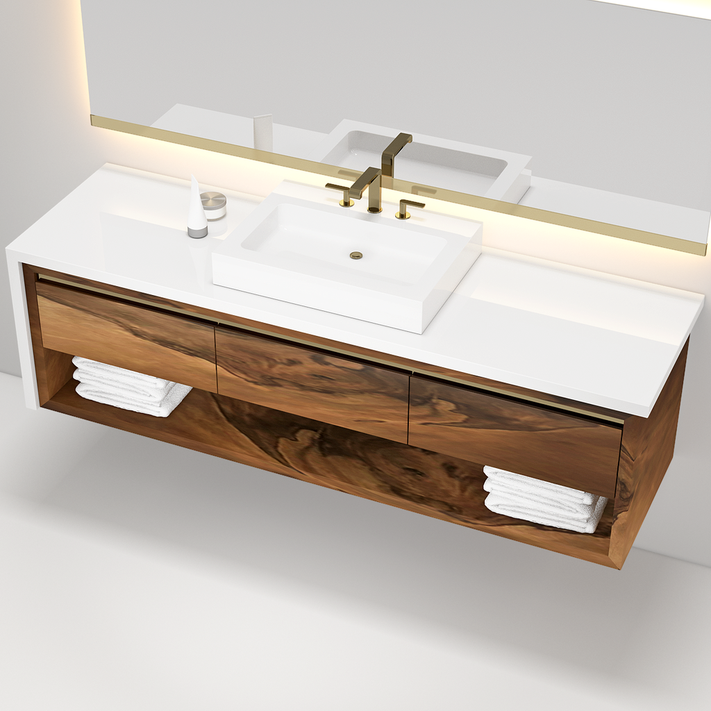 Victoria Walnut Vanity with white countertop, bronze faucets, and dark wood drawers