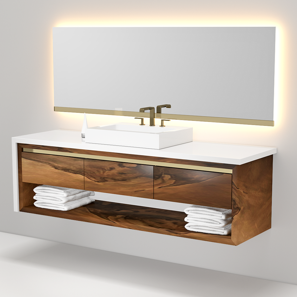 Victoria Walnut Vanity with white countertop, vessel sink, open shelving, brass accents
